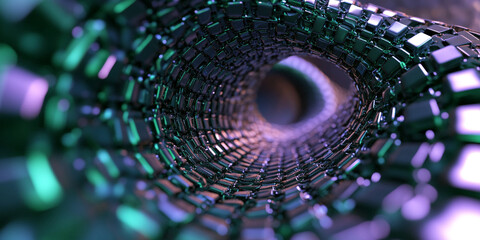 Poster - Abstract image of a metallic tunnel formed by interconnected cubes, displaying a dark teal and purple hue, suggesting depth, technology, or a futuristic concept