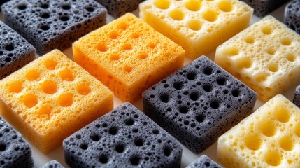 Poster - A collection of sponges in diverse colors and textures, arranged neatly in a grid on a light-colored surface. Concept: Textured Sponges, Colorful Arrangement, Grid Pattern, Design Inspiration