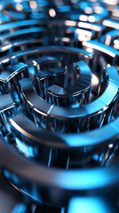 Poster - Abstract image of a metallic blue maze, showcasing a complex, intricate design with reflective surfaces, symbolizing complexity, challenge, or technological advancement