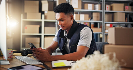 Fototapete - Warehouse, shipping and man with phone in office for delivery, supply chain and retail production. Ecommerce, distribution and person on smartphone with boxes for manufacturing, logistics and contact