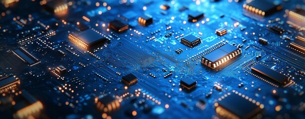 Poster - a striking abstract image with blue lights and circuitry patterns on a dark background, suitable for