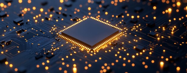 Poster - a zoomed-in view of a modern electronic circuit board, emphasizing its detailed craftsmanship and lu