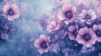 Poster - ethereal floral symphony a pastel dreamscape of anemones and delicate blossoms gently swirling in a hazy indigo artistic rendition