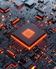 Poster - an up-close look at a modern circuit board, revealing its complex pathways and luminous connections,