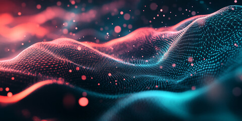 Abstract digital landscape with red and teal glowing particles forming a mesh, creating a dynamic and futuristic visual effect, showcasing technology and connectivity