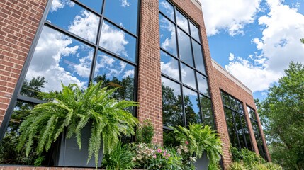 Poster - Charming brick building with vibrant planter offering a welcoming touch to urban architecture