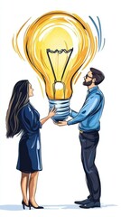 Poster - Man and woman holding a light bulb together representing collaboration and shared ideas in innovation
