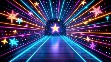 Poster - A vibrant neon tunnel filled with stars creating a dreamlike atmosphere for exploration and adventure
