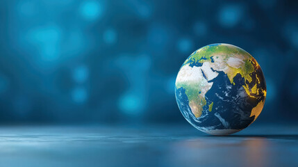 Leinwandbilder - 3D globe icon of Earth with glowing continents is set against blurred blue background, symbolizing global connectivity and environmental awareness
