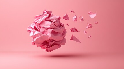 Poster - Exploding pink crumpled paper ball against a solid pink background