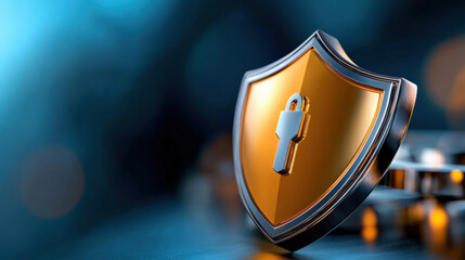 Aufkleber - metallic shield with glowing edge and lock symbol represents security and protection, set against blurred blue background. image conveys sense of safety and reliability