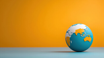 Poster - playful 3D globe with simplified continents and vibrant oceans stands against bright orange background, creating striking contrast. globe design is modern and minimalistic