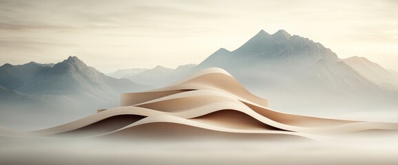 Poster - Abstract beige structure nestled in misty mountain landscape