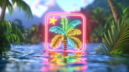 Poster - Vibrant neon sign illuminating a tropical palm tree against a dark background for a lively vibe