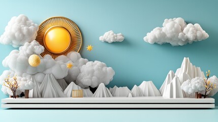 Poster - Stylized 3D scene of mountains, clouds, sun, and stars on a minimalist platform