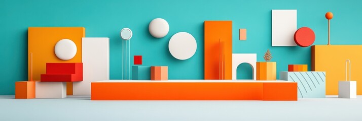 Poster - Abstract 3D geometric shapes in vibrant orange, teal, and white.  Modern minimalist design