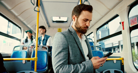 Poster - Businessman, phone and texting in bus, commute and check notification with mobile app, email and chat. Person, smartphone and contact on social network, web and travel with public transportation