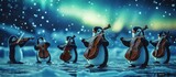Adorable penguins playing stringed instruments on a frozen winter scene