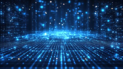Poster - futuristic blue network grid background with glowing dots for innovation technology and digital transformation in cyberspace scenery