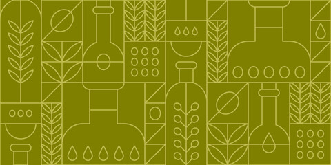 Green geometric seamless pattern with olive oil in bottles, fruits and tree leaves. Vector outline abstract background in modern line art style with Mediterranean virgin cooking oil and branches