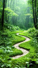 Poster - Serene nature path winding through lush green woods under a bright blue sky with sunlight filtering