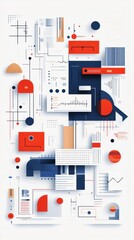 Poster - Abstract geometric design featuring red, blue, and beige shapes, lines, and data visualizations