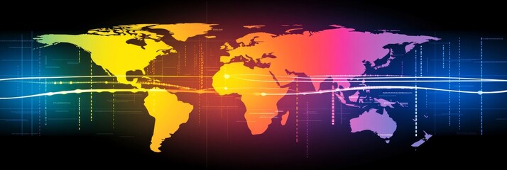 Poster - Abstract World Map with Colorful Lines, Representing Global Network and Data Visualization