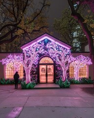 Poster - Striking building illuminated with purple lights creating a captivating nighttime urban scene