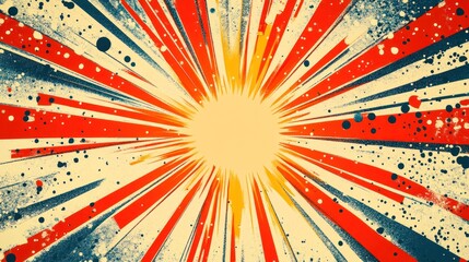 Poster - retro comic burst design with radial lines and splash pattern in red blue and yellow creating dynamic vintage themed graphic element