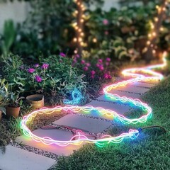 Poster - Enchanting garden adorned with a beautiful string of lights creating a magical evening experience