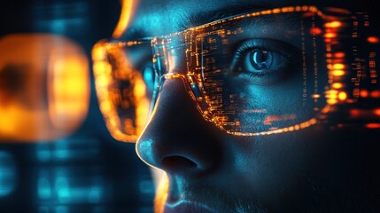 Poster - futuristic vision a man with digital glasses displaying advanced technology and complex data reflecting in his focused gaze with an immersive interface