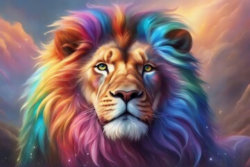  An illustration of a lion with a vibrant, multicolored rainbow mane. Generative AI