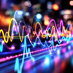 Poster - Vibrant and colorful sound wave visualization with varying frequencies representing musical tones