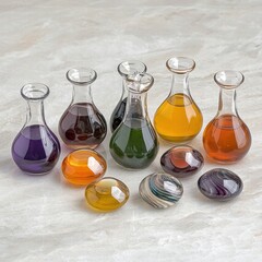 Poster - Collection of colorful glass bottles arranged artistically on a surface showcasing their unique shapes