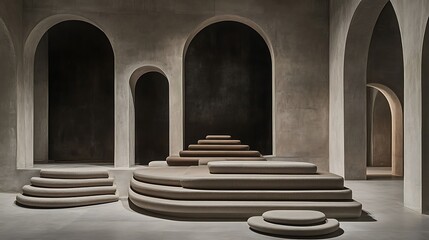 Poster - A minimalist architectural interior featuring curved steps and arched doorways