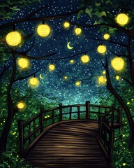 Poster - A scenic wooden bridge adorned with lanterns hanging from lush trees in a serene natural setting