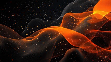Poster - abstract luminous landscape with vibrant orange and white waves against a dark backdrop illuminated by radiant golden particles creating depth
