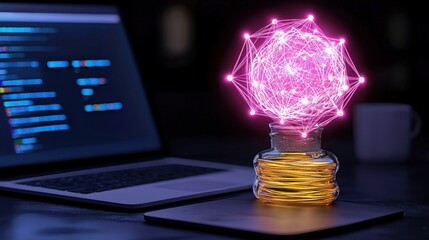 Poster - Bright light bulb illuminating a modern laptop keyboard in a contemporary workspace environment