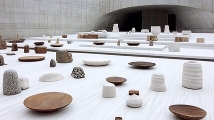 Poster - An artistic installation showing multiple objects in an architectural space