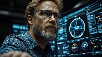 Focused man reviewing data on multiple screens