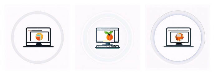 Aufkleber - Three round icons feature computer displays. The first shows a pie chart, the second an orange, and the third a laptop with an orange image.