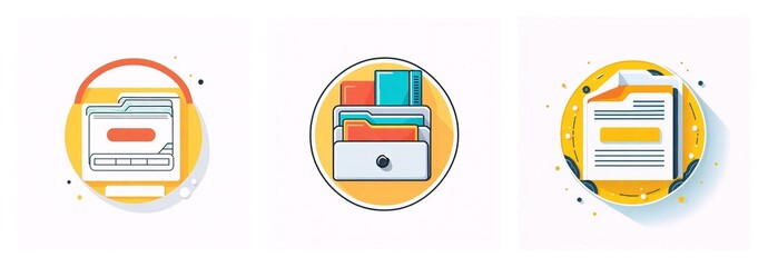 Poster - Three circular icons depict digital file management: a folder, files in a drawer, and a document, all with bright color accents.