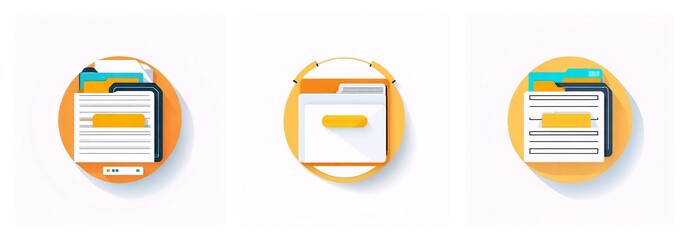 Fototapete - Three round icons with folders and documents represent file management and digital organization with orange backgrounds.