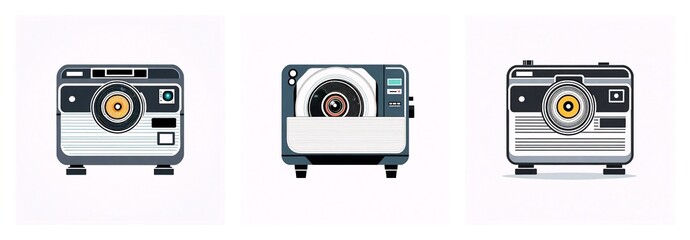 Aufkleber - Three retro style camera icons are displayed side-by-side. Each camera has a lens, viewfinder, and flash, presented in a simple, graphic design.
