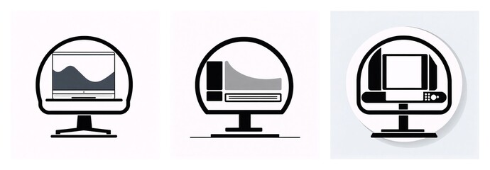 Leinwandbilder - Three monitor icons display diverse interfaces: wavy line graph, bar chart with slider, and rectangular graphic with slider, all in black and white.