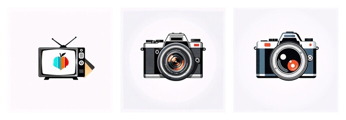 Aufkleber - Icons of media devices: a retro TV with an apple-like symbol and two SLR cameras are displayed on a white background.