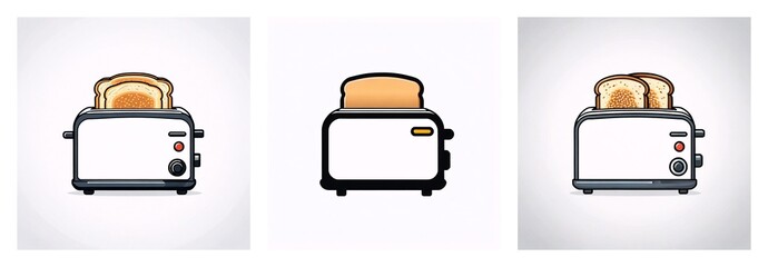 Poster - Three toaster illustrations show bread slices popping up.  Variations include color and background, depicting a common kitchen appliance.