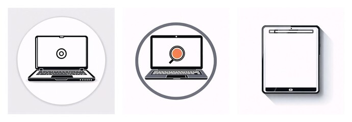 Poster - Three device icons: a laptop with a target symbol in a circle, a laptop with a magnifying glass in a circle, and a tablet device.