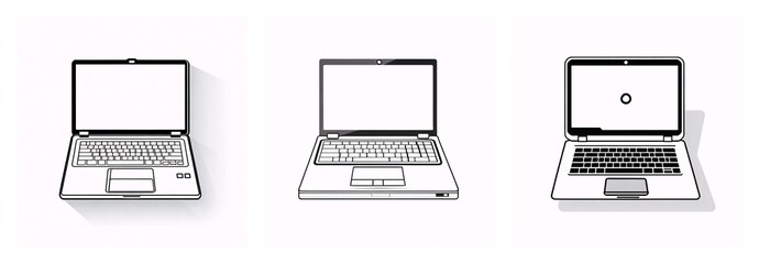 Poster - Three line illustrations of laptops are displayed in a row.  Each laptop is open and facing forward, showing keyboard and blank screen. One shows a loading icon.