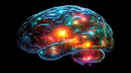 Poster - illuminated cerebral cortex a digital representation of the human brain teeming with electronic connections and glowing points symbolizing intelligence